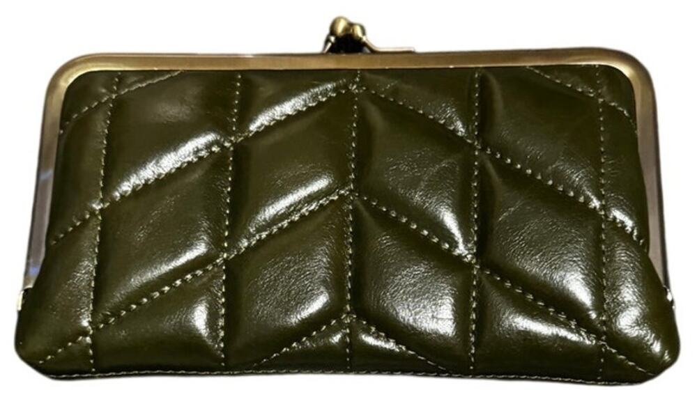 Patricia Nash Everly Quilted Leather Kisslock Clutch Wallet Olive Green NWOT